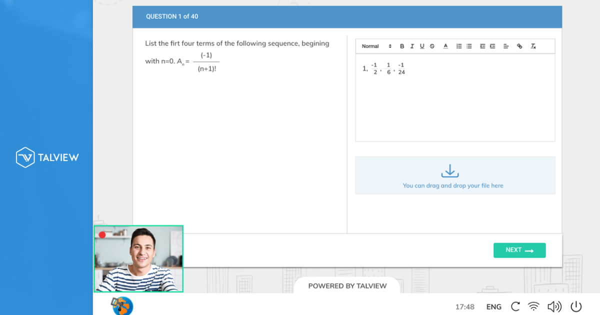 Remotely Proctored Exam Screen